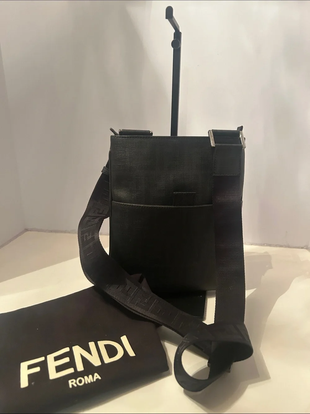 Fendi Black Leather Messenger Crossbody with Branded Strap
